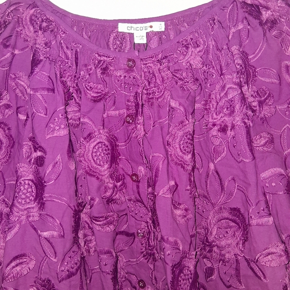 Chico's NWT 3/4 Puff Sleeve Fashion Top Embroidered 3D Floral African Violet 20 - Picture 3 of 7
